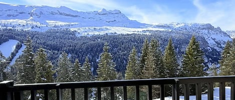 A snow-covered mountain landscape with a forested valley and a clear sky.