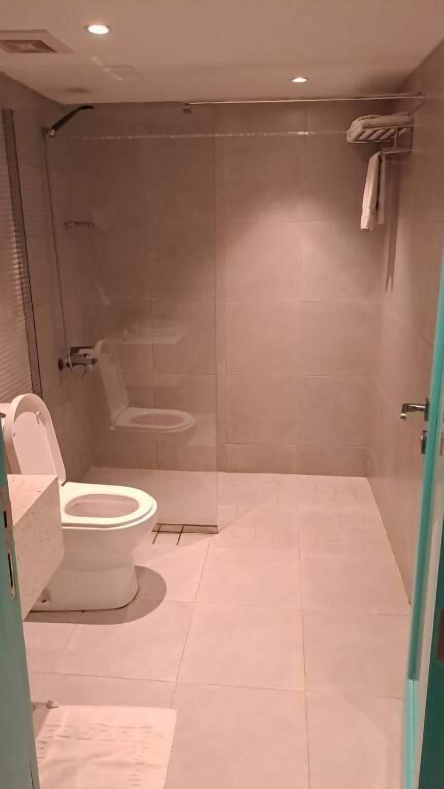 Une salle de bain moderne avec une douche à parois de verre, des toilettes et un lavabo.
