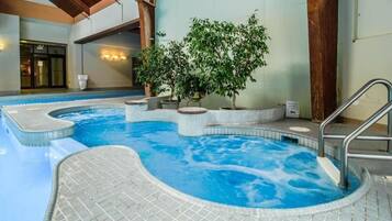 An indoor swimming pool with tiled edges, a central island with a tree, and a metal ladder.