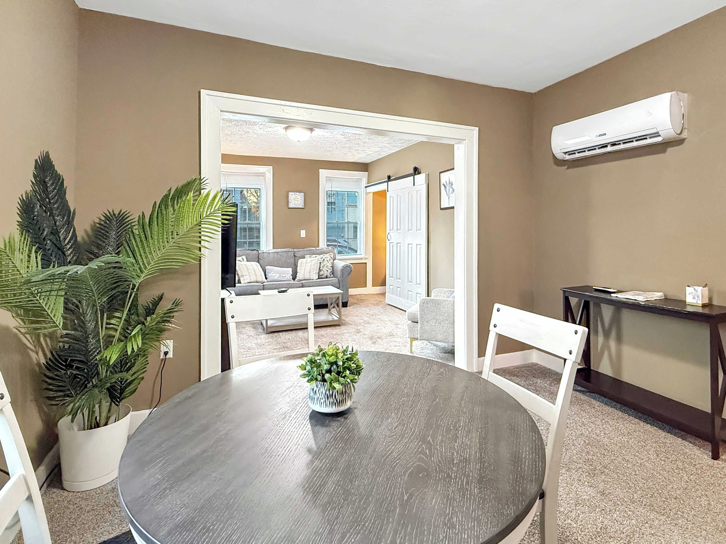 A room with a round table, chairs, a potted plant, a white door, and an air conditioning unit.