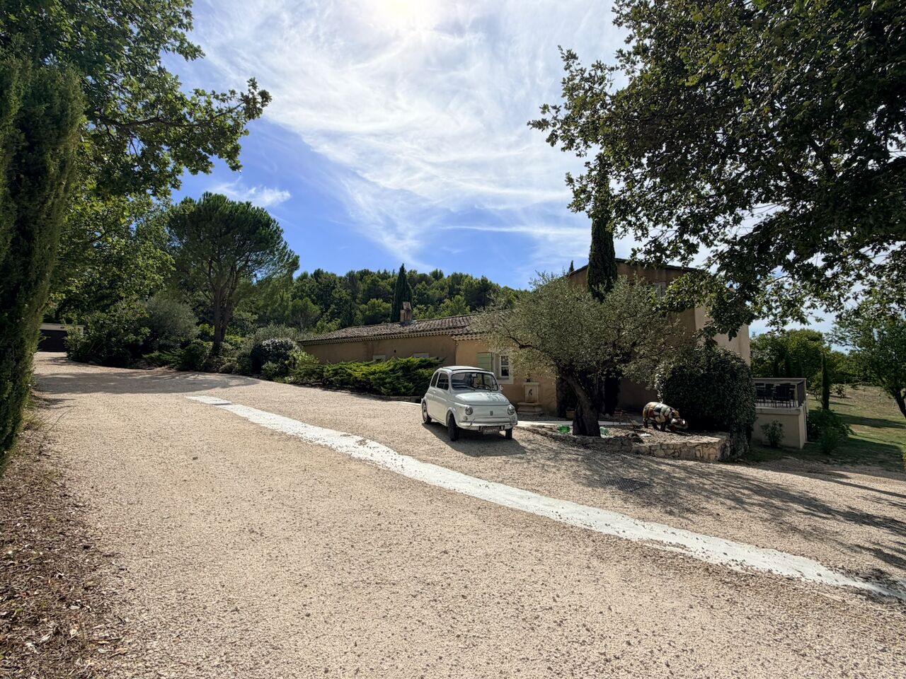 Ein Schotterweg führt zu einem weißen Auto, das vor einem Haus mit Garten geparkt ist.