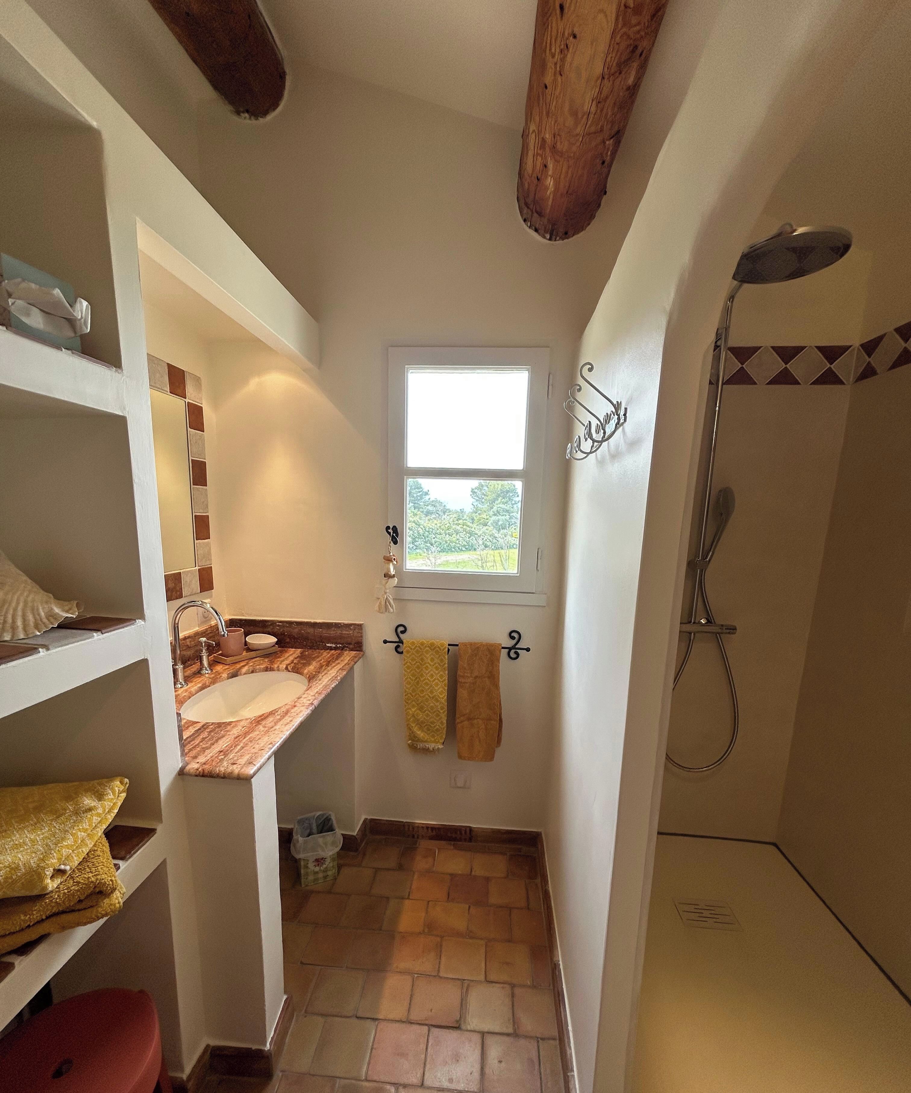 A compact bathroom with a window, a shower, and a sink.