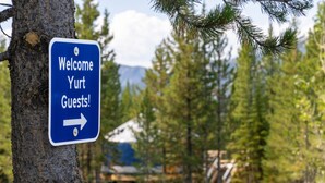 Un panneau de signalisation bleu, avec du texte blanc, est fixé sur le tronc d’un arbre et indique un message de bienvenue à l’attention des visiteurs.