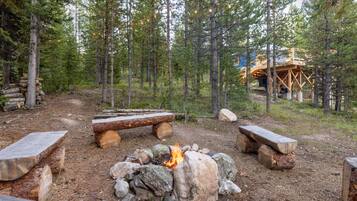 A forest campsite with a fire pit, benches, and a wooden structure in the background.