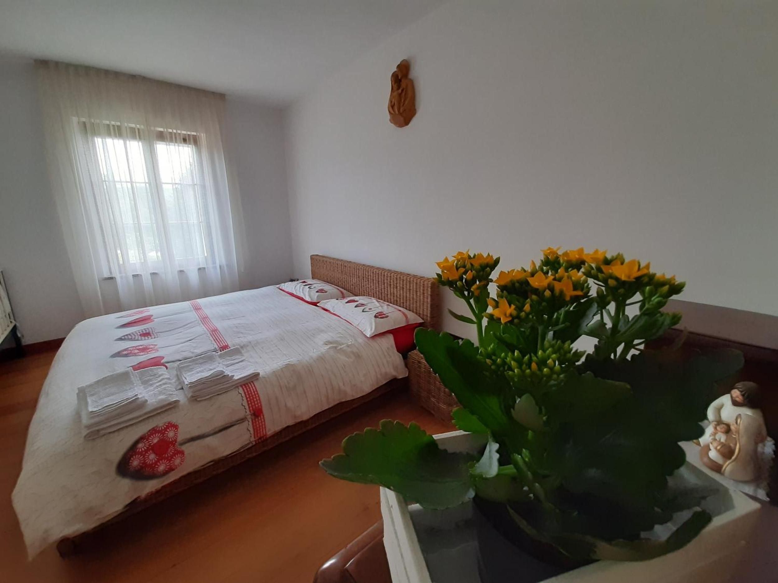 Une chambre à coucher avec un lit, une table de chevet agrémentée d’une plante, une fenêtre avec des rideaux et un élément de décoration fixé au mur.