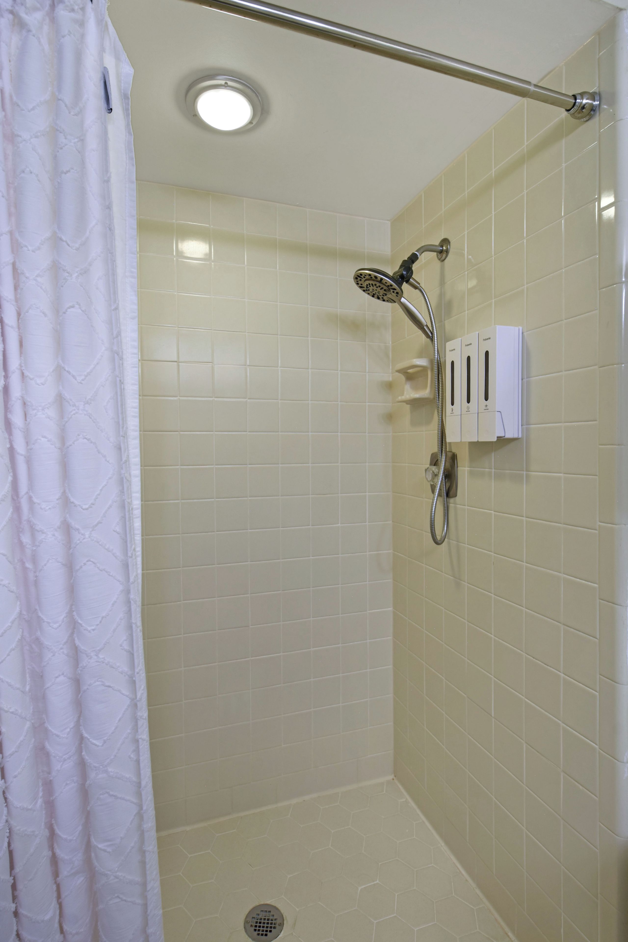 A shower area with a handheld showerhead, a wall-mounted soap dispenser, and a curtain.