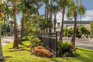 A well-maintained garden with palm trees and flowering plants, a metal fence, and a building with a green roof in the background. - Casa Delfino (Venice)