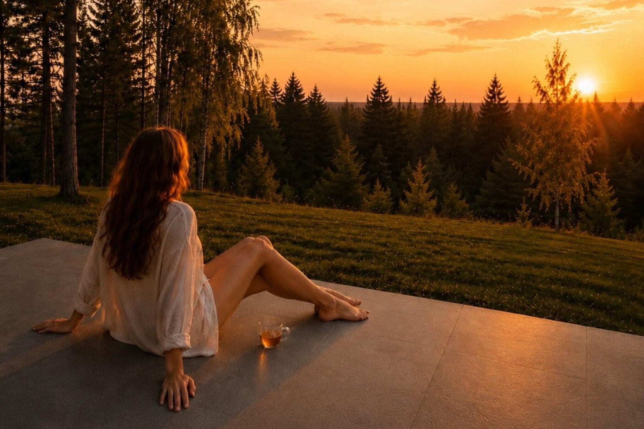 A person sitting on a concrete surface outdoors with a sunset in the background.