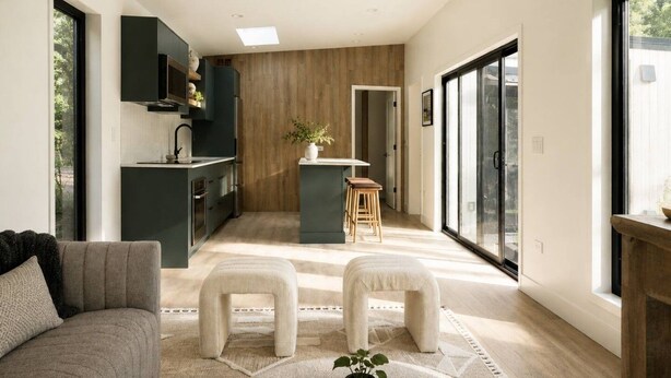A modern interior with a kitchen, dining area, and seating space. - Modern house: Hot Tub Near Skiing & Harbor Springs (Harbor Springs)