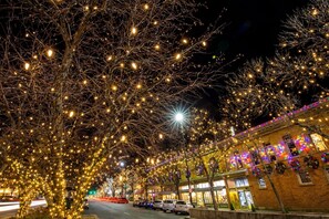 Una calle bordeada de árboles decorados con luces, un edificio de ladrillo con luces de colores y coches aparcados.