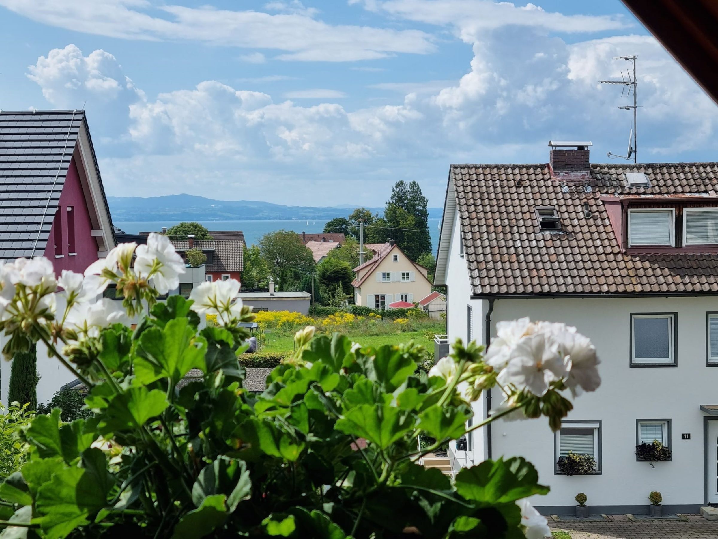 Ett bostadsområde med hus, en klar himmel och en avlägsen utsikt över berg.
