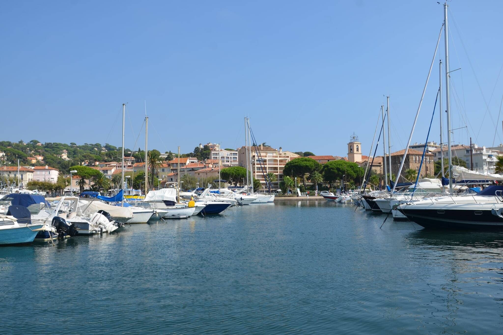 A marina with various boats docked, a clear sky, and buildings in the background.
