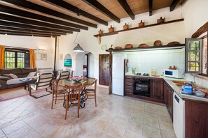 Een ruime woonkamer met een bank, eettafel en stoelen, een keuken met moderne apparatuur, en een groot raam dat voor natuurlijk licht zorgt.
