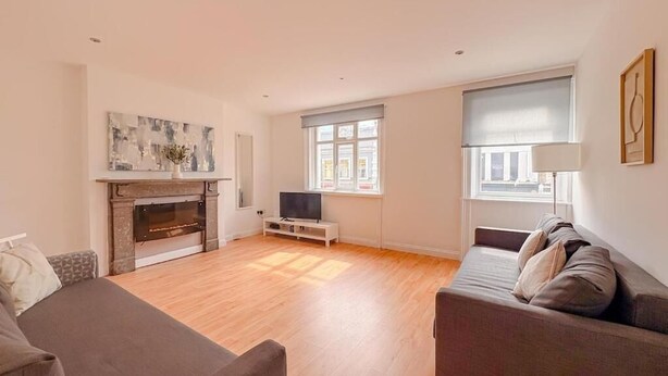 A living room with a fireplace, a television, and a sofa. - Prince Of Wales Rd - Apartment 1 (Norwich)