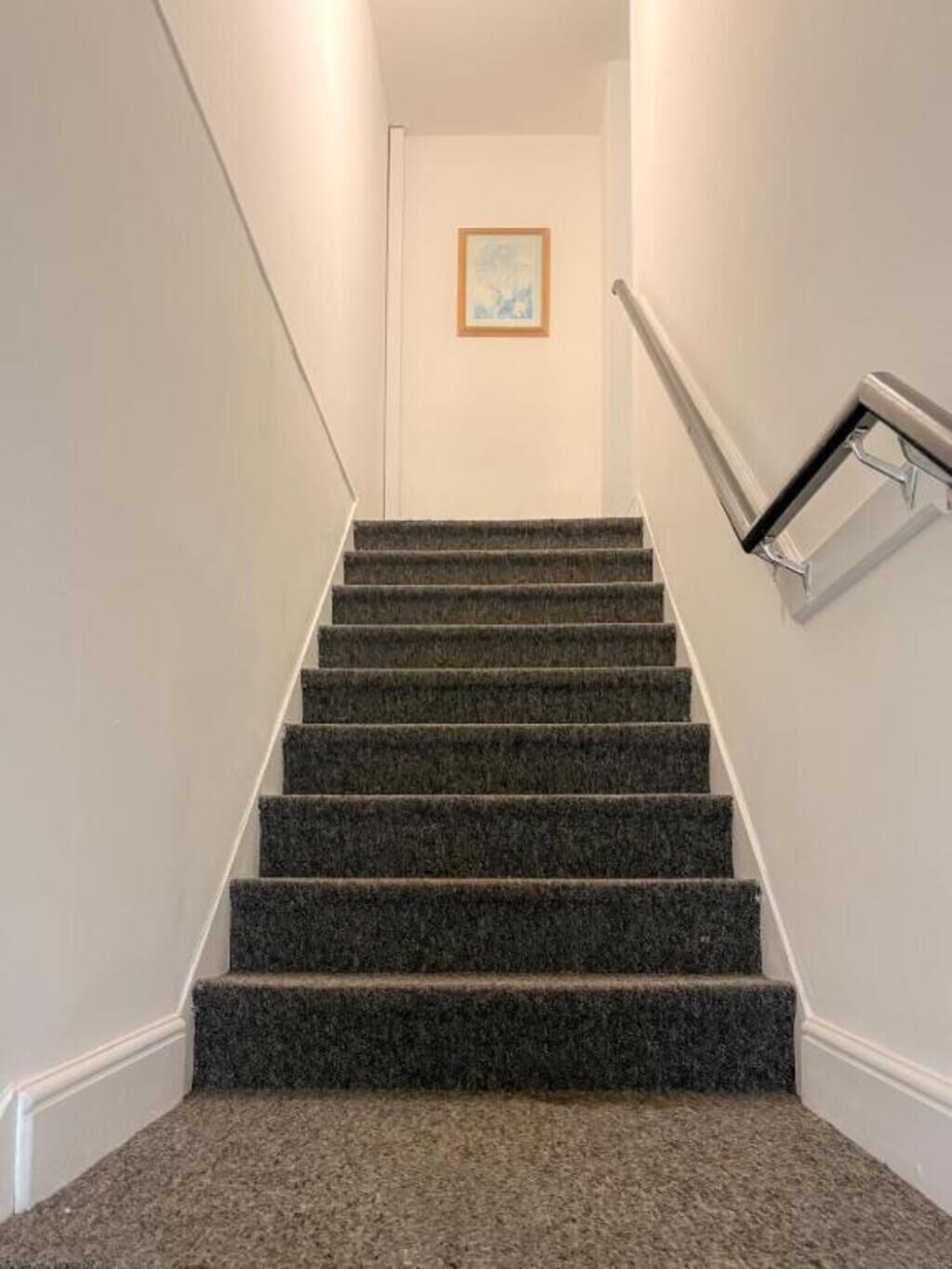 A staircase with carpeted steps and a handrail on the right.