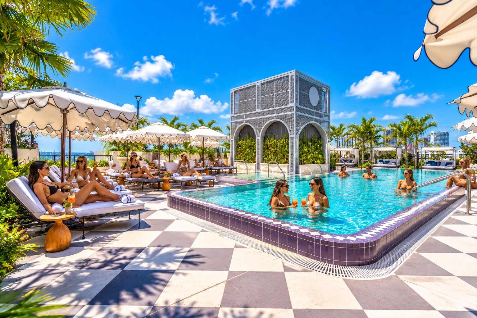 Un espace piscine aménagé avec des chaises longues, des parasols et une structure centrale dotée d’arcades.