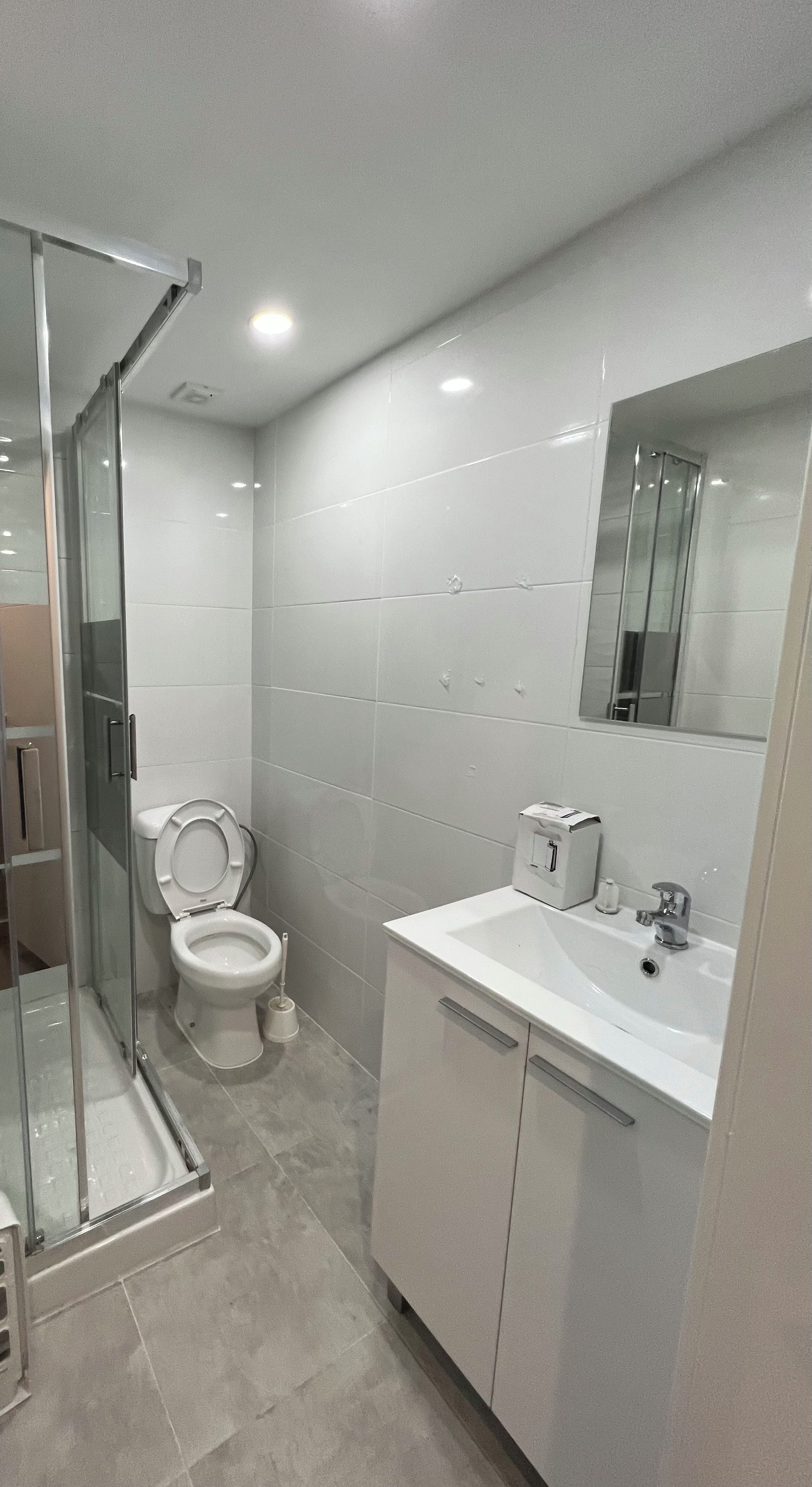 A modern bathroom with a toilet, sink, and shower area.