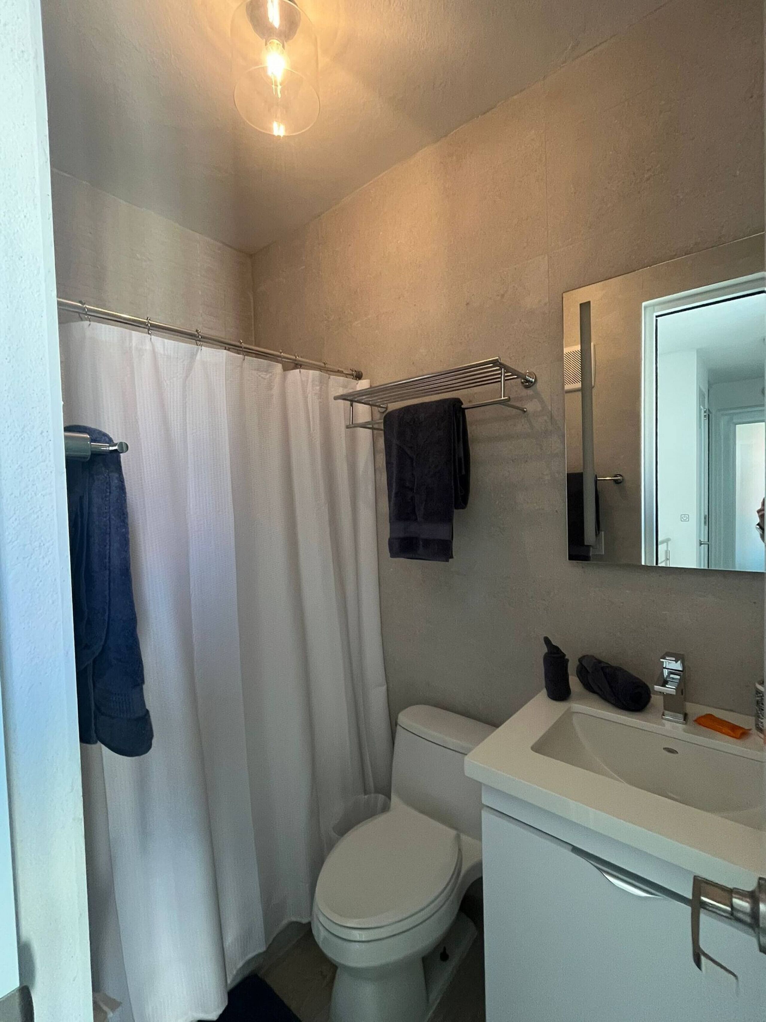 Un bagno con tenda doccia, un portasciugamani con asciugamano, un water e un lavandino con specchio.