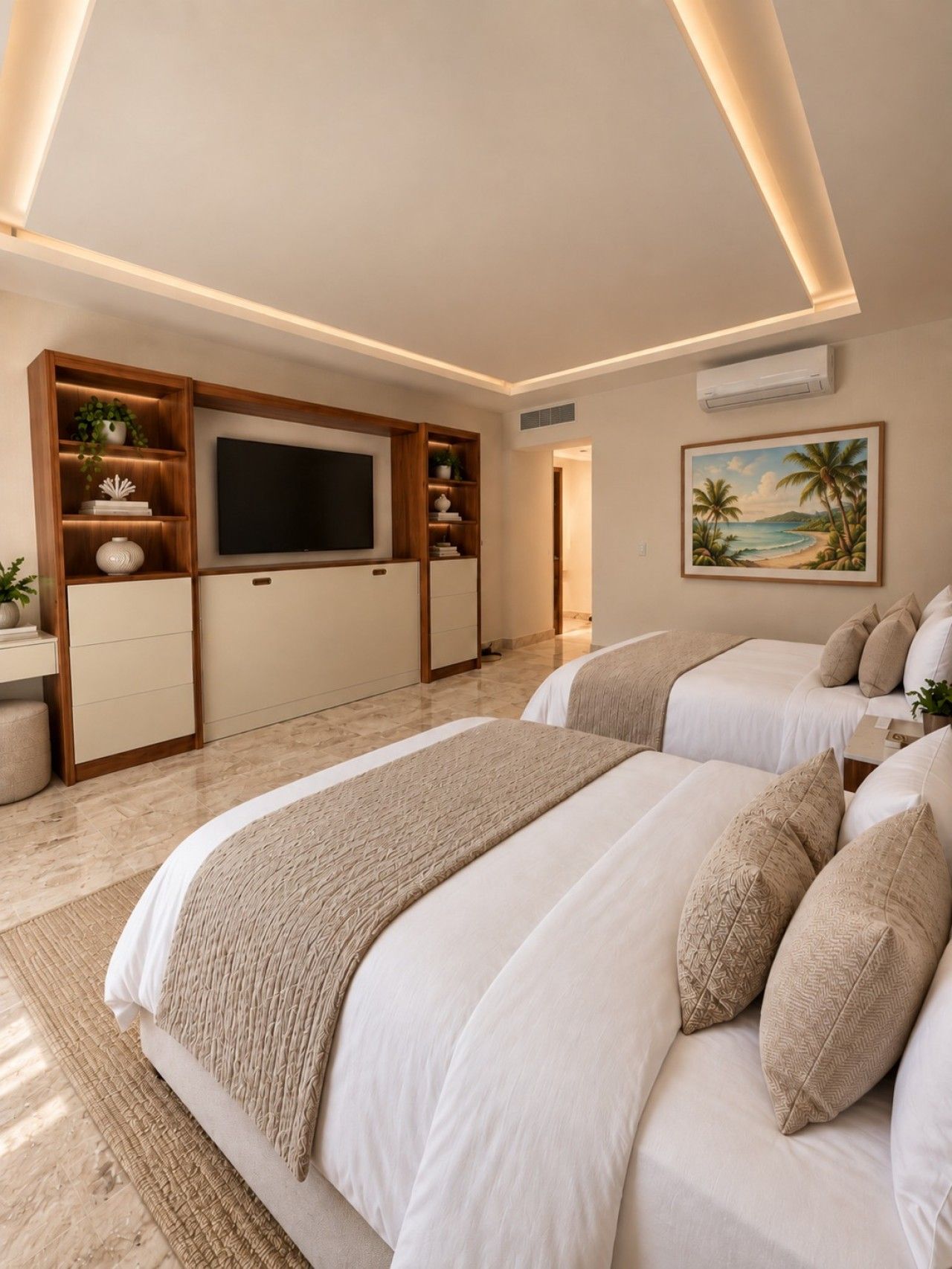 A modern bedroom with a large bed, a TV, and a painting of a beach scene.