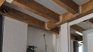 Una habitación con escritorio, silla y planta colgante.