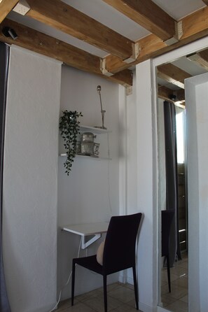 Une pièce comprenant un bureau, une chaise et une plante suspendue.