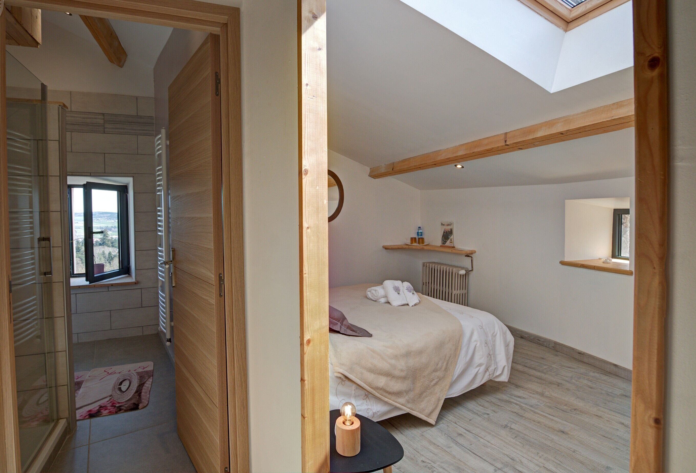 Een slaapkamer met dakraam, een bed, nachtkastje, radiator en raam met uitzicht.