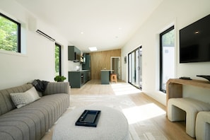A modern living room with a sofa, coffee table, and a TV mounted on the wall. - Modern 2 king bedroom house + private hot tub (Harbor Springs)