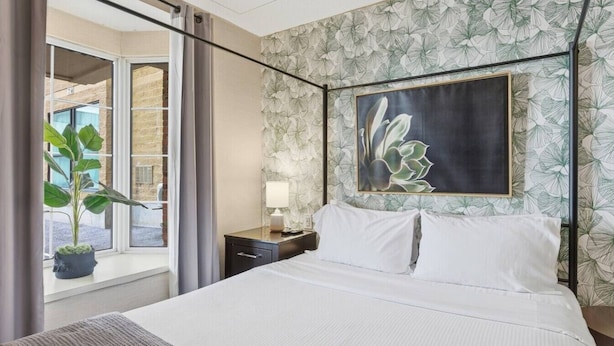 Een hotelkamer met een bed, nachtkastje, lamp, groot raam met gordijnen en een potplant.