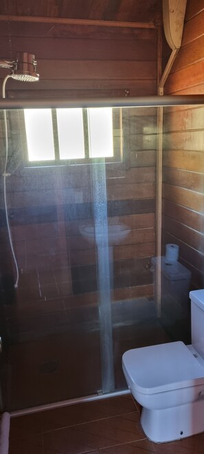 A shower enclosure with a glass door, a toilet, and a window above the shower. - HOTEL FAZENDA SERTÃO VEREDA SETE LAGOAS  (Paraopeba)