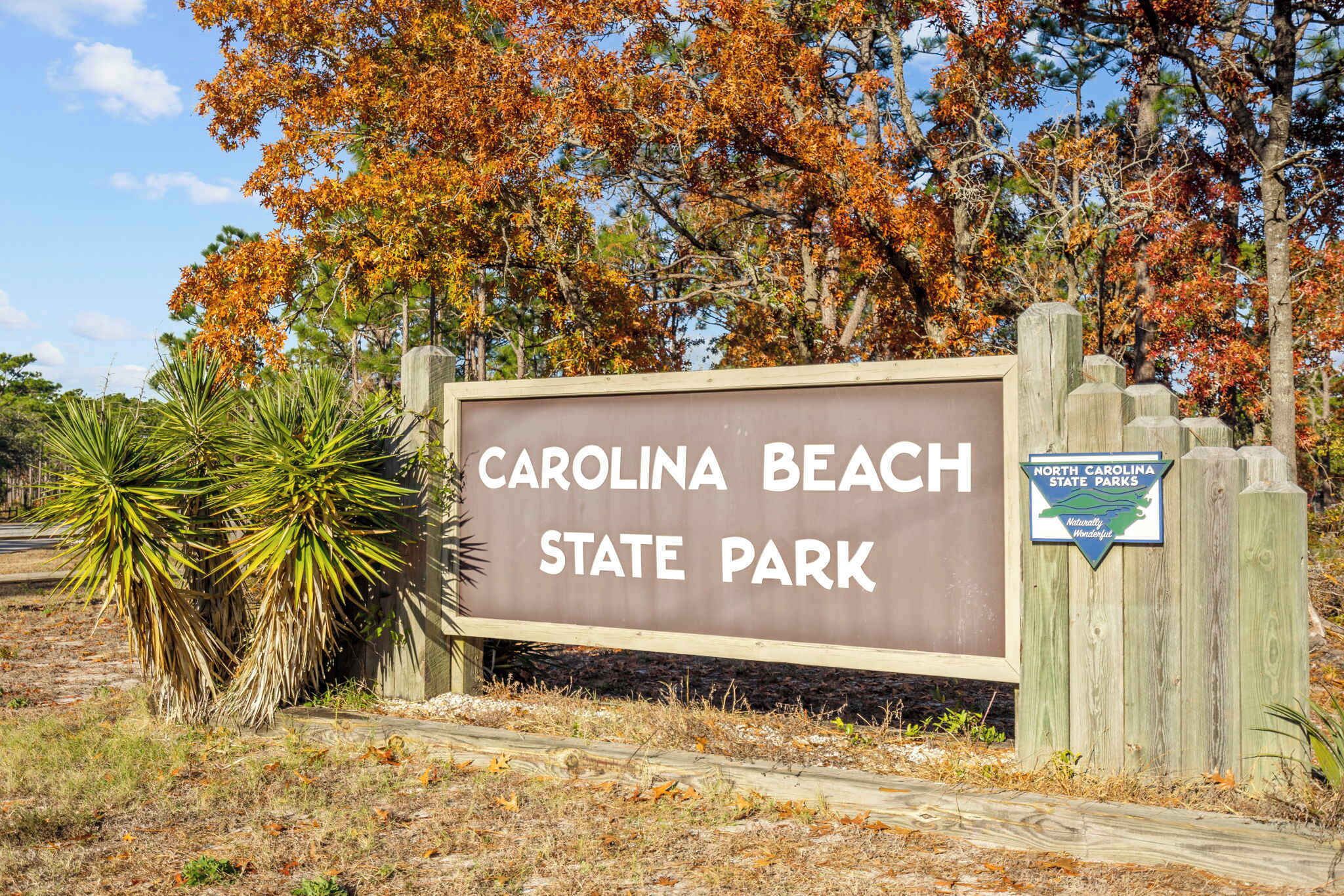 Schild für den Carolina Beach State Park mit einer Holzlattenzäunung und Bäumen im Hintergrund.