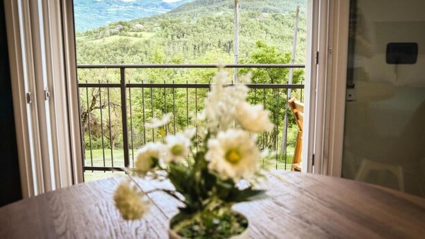 A balcony with a view of a green landscape, a wooden table with a potted plant, and a chair. - Vrbo Property (Savigno)