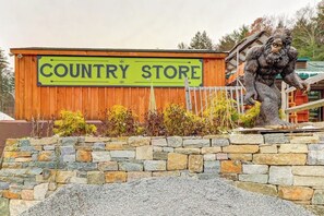 A wooden building with a sign that reads 'COUNTRY STORE' and a statue of a bear on top.