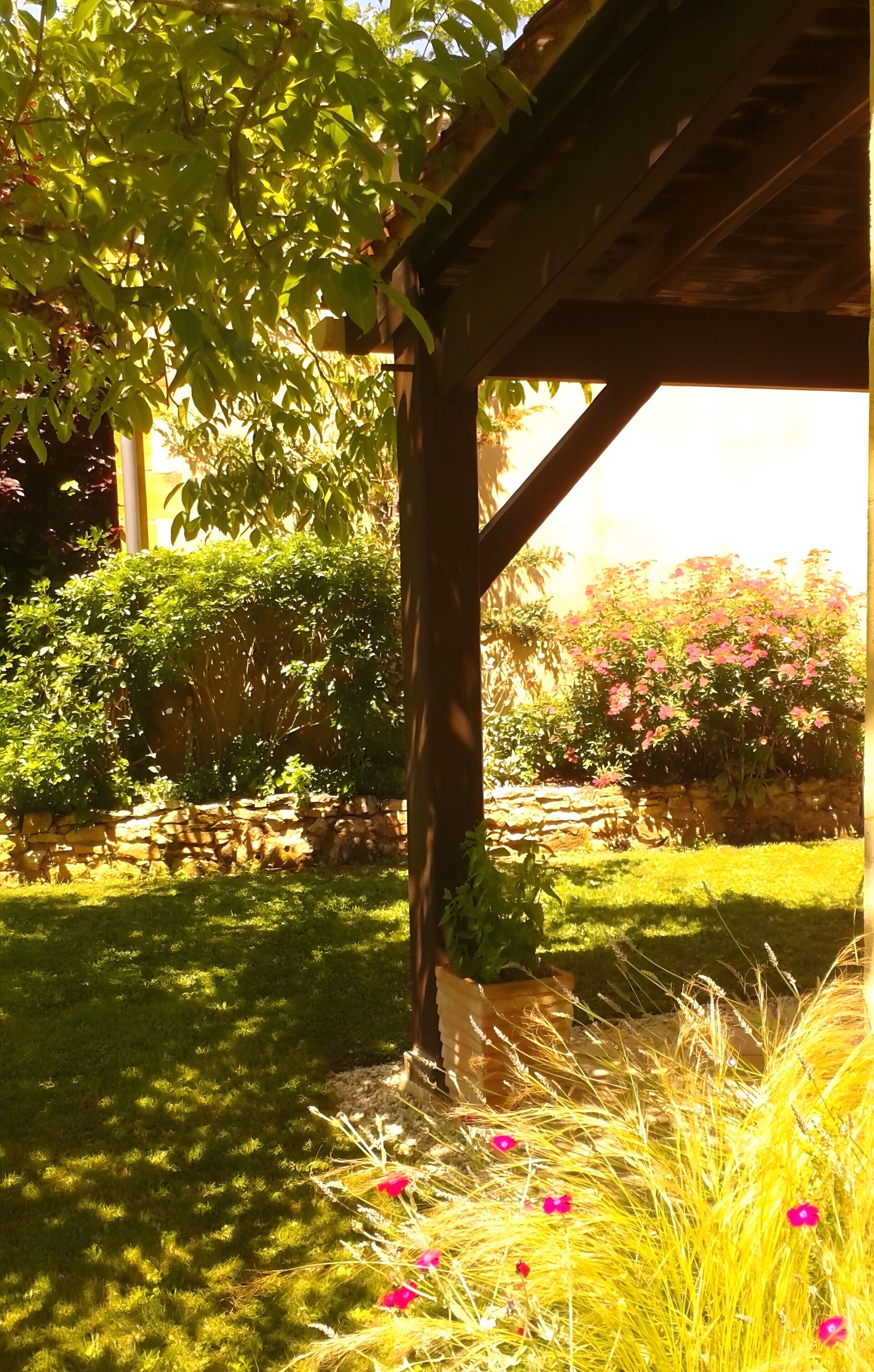 A garden with a stone wall, a wooden pergola, and various plants and flowers.