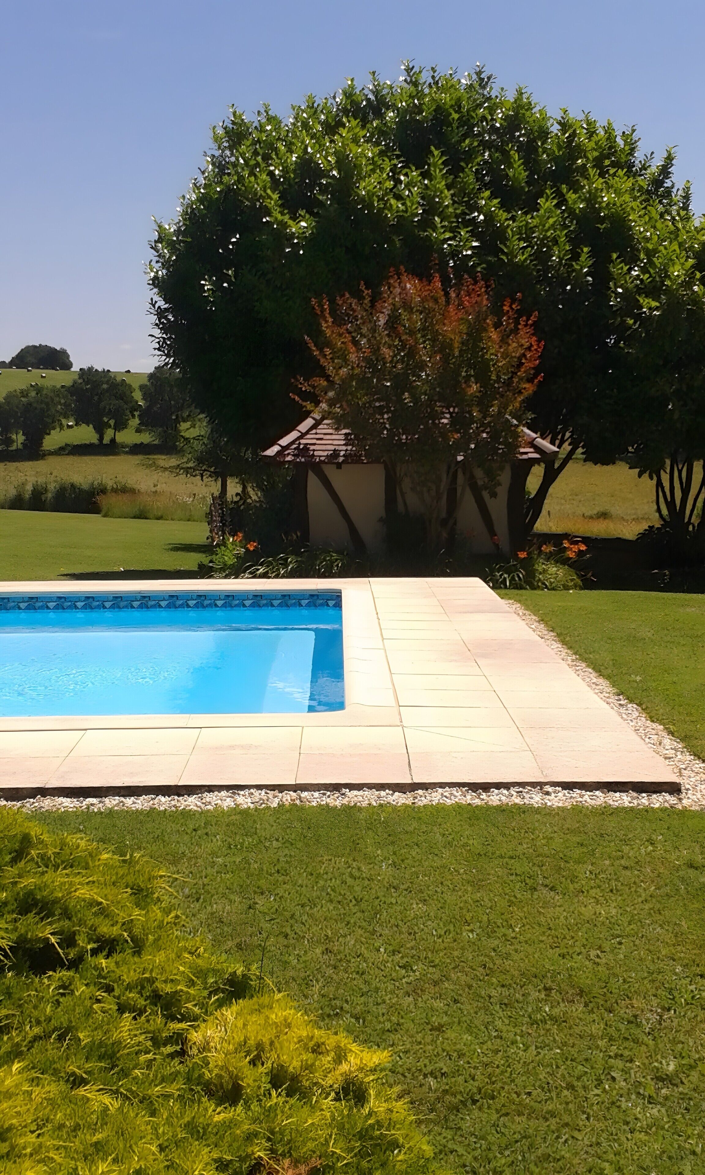 Piscina com deck de azulejos, cercada por gramado e árvores bem cuidadas.