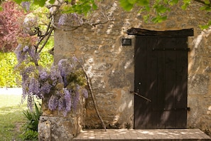 Ein Steinhaus mit einer dunklen Holztür, einem Schild mit der Aufschrift 'Guest Utility' und einem Baum mit violetten Blüten.