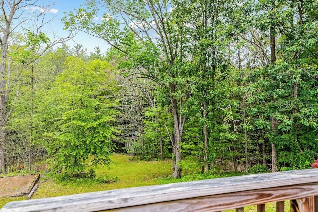 A wooden deck overlooking a forested area with dense greenery and trees.