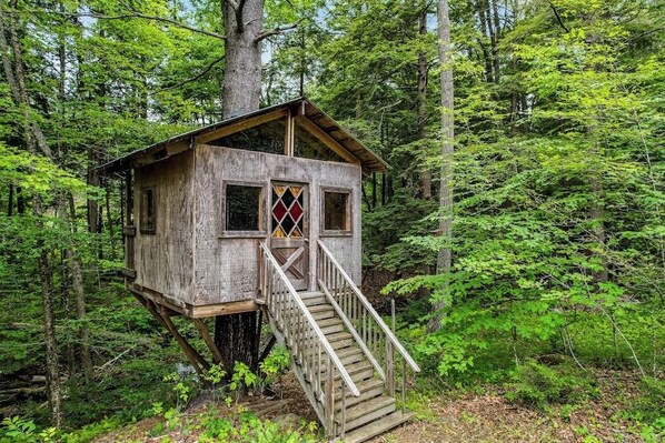 Una casa en el árbol de madera con escaleras y ventanas, rodeada de un bosque.