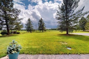 A grassy area with trees and a potted plant. - Italy Hill Estate | Charming Retreat 2BR Finger Lakes - Hot Tub (Branchport)