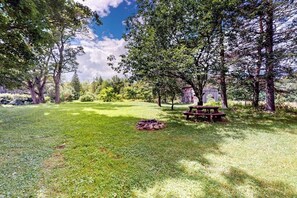 Eine Rasenfläche im Freien mit einem Picknicktisch und einem Feuerkorb.