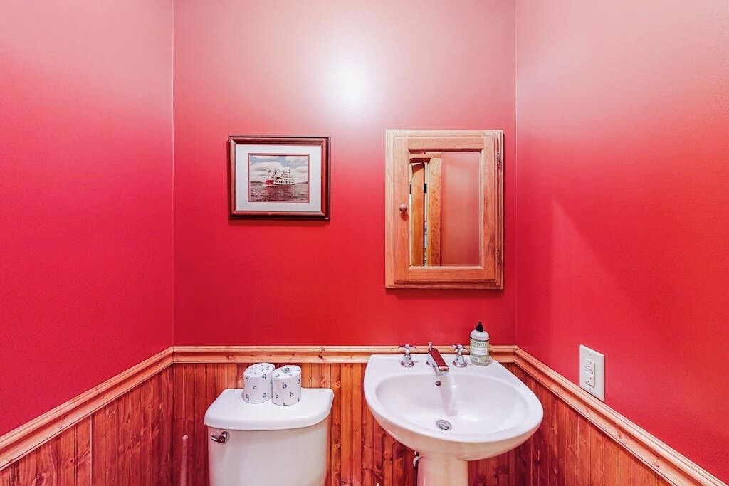 Une salle de bain avec un mur rouge, un plancher en bois, des toilettes, un lavabo, un tableau encadré et un miroir.