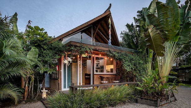 Uma casa com uma extensão de vidro, rodeada por vegetação exuberante e um caminho de cascalho.
