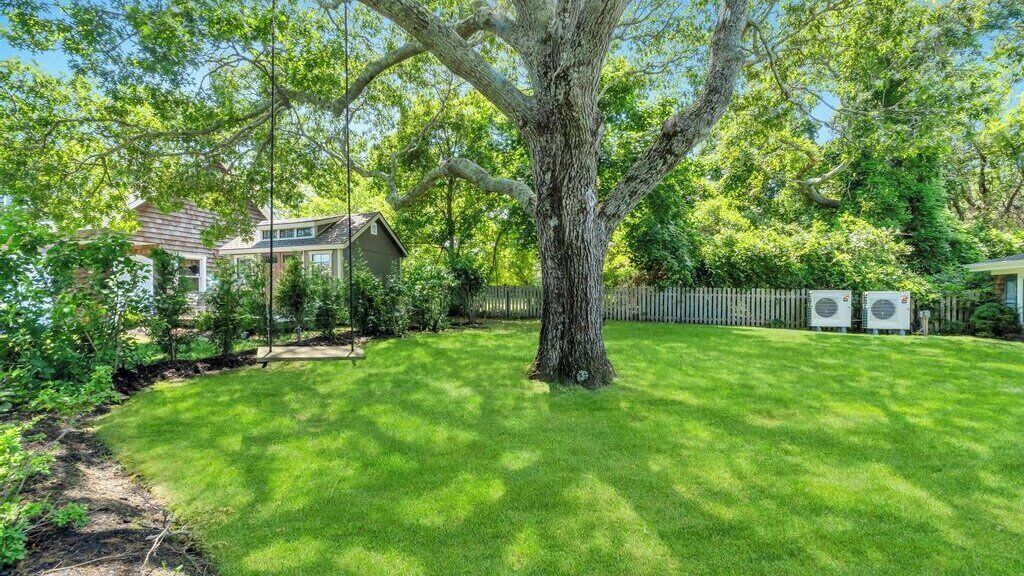 A backyard with a large tree, a lawn, a house, and a fence.
