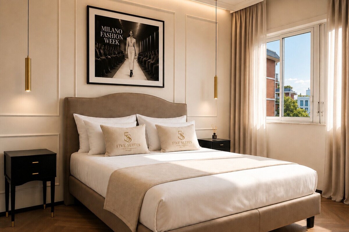 A hotel room with a large bed, a framed poster on the wall, a nightstand, and a window with curtains.