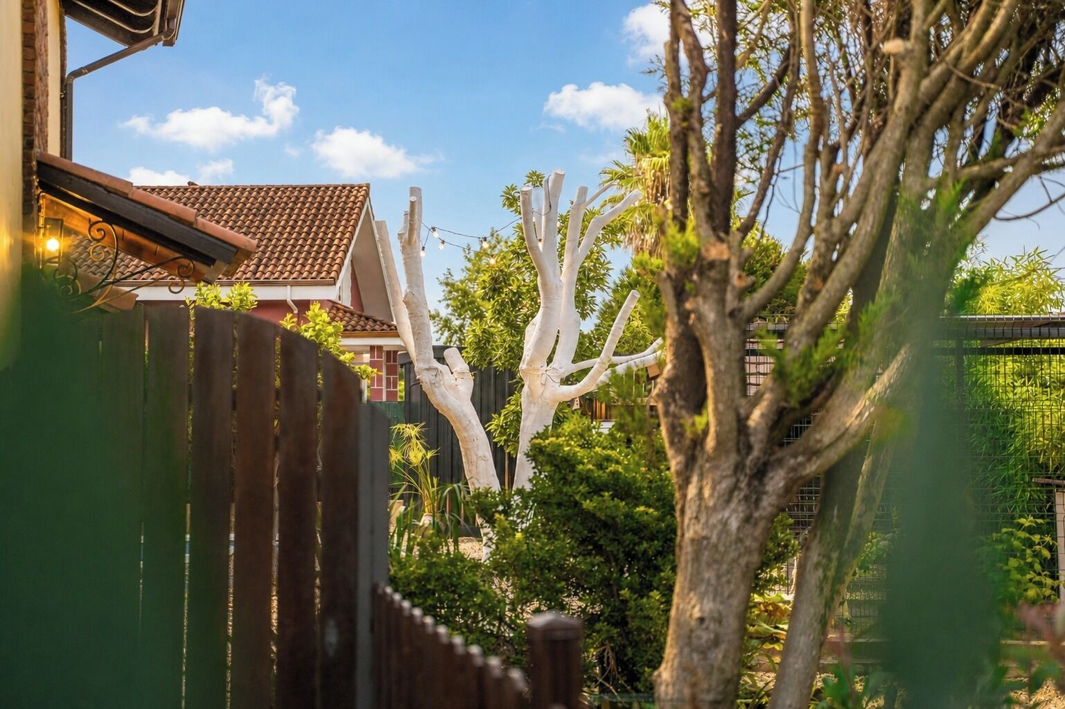 Un quartier résidentiel avec une maison, une clôture en bois et un arbre.