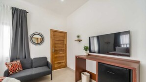 A modern living room with a grey sofa, a wooden door, a TV on a wooden stand, and a small plant on the wall. - Crown Luxury Apartments  (Kokrobite)