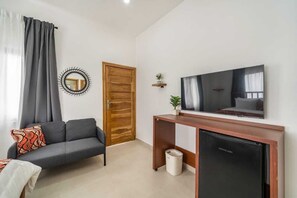 Un salon moderne avec un canapé gris, une porte en bois, un téléviseur posé sur un meuble en bois et une petite plante accrochée au mur.