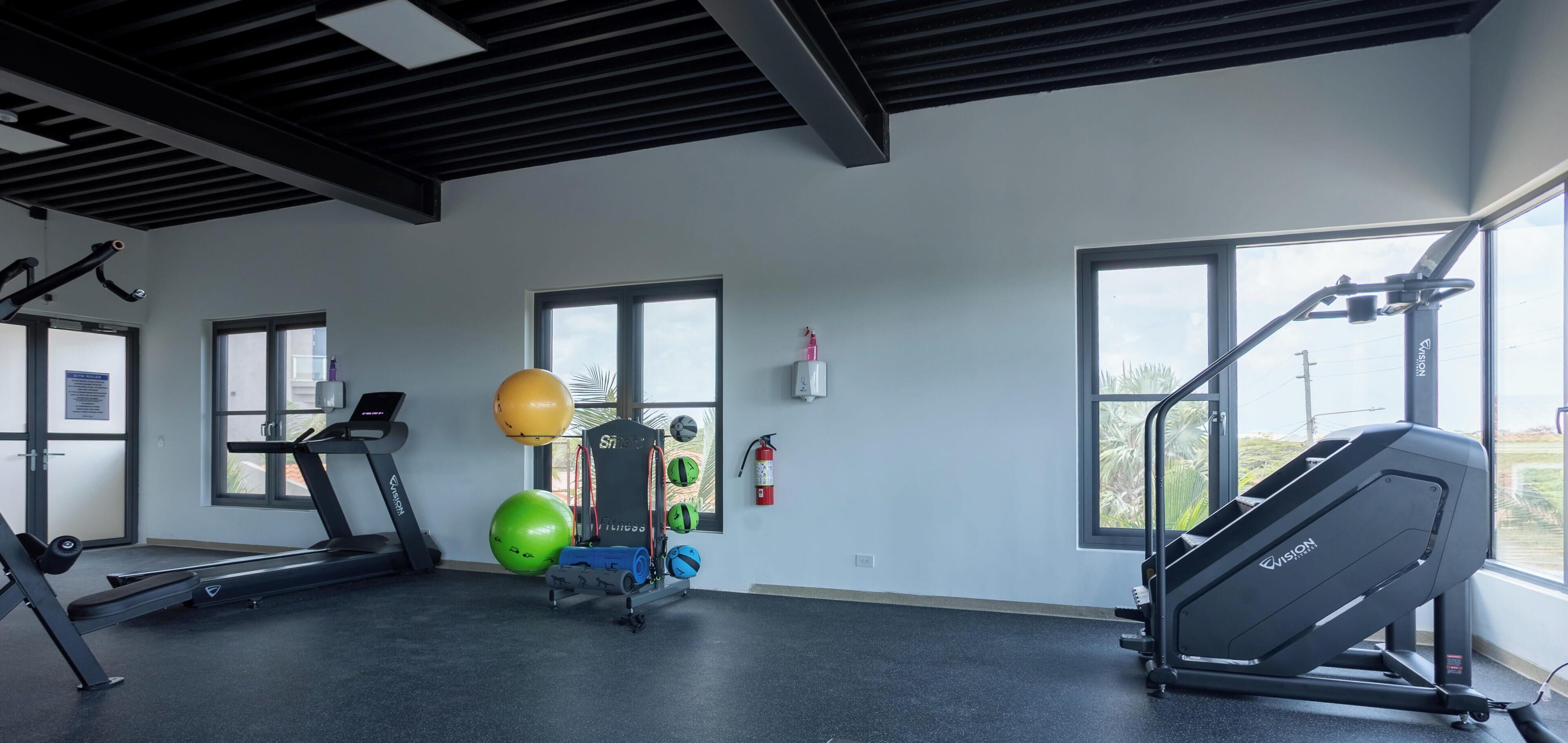A gym with treadmills, exercise balls, and a fire extinguisher.