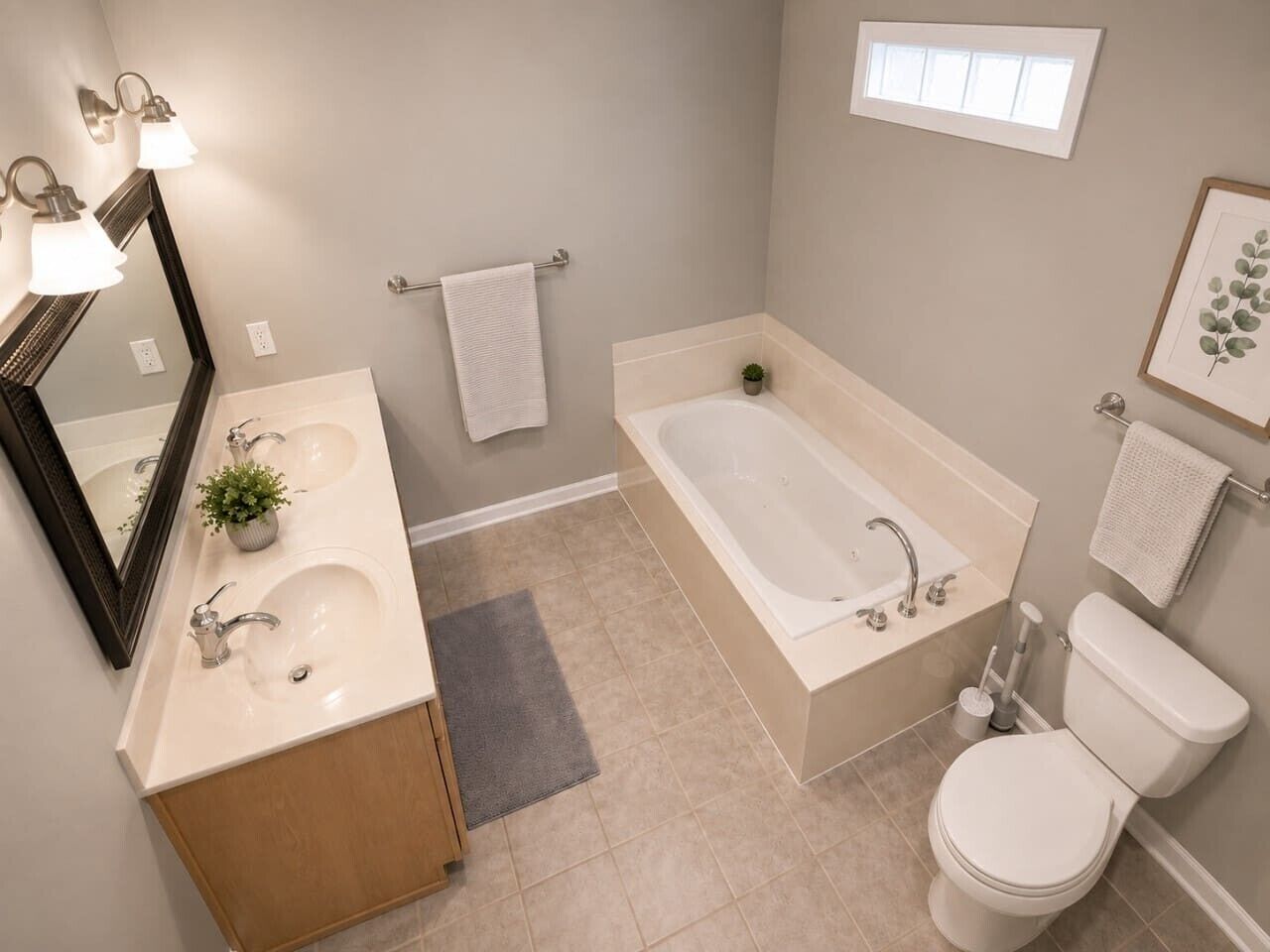 A bathroom with a sink, mirror, vanity, bathtub, toilet, and a small potted plant.