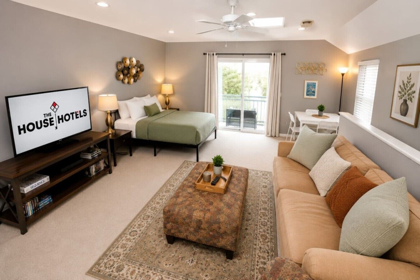 A hotel room with a television, a sofa, a bed, a coffee table, and a balcony with a view.