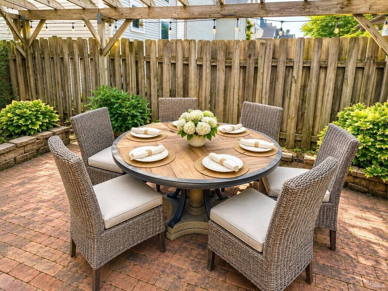 A round outdoor dining table with wicker chairs, surrounded by a wooden fence and greenery.